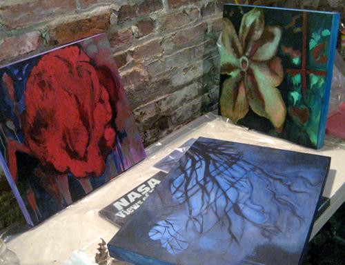 Two Camera Morte inspired paintings and a puddle painting, in progress.