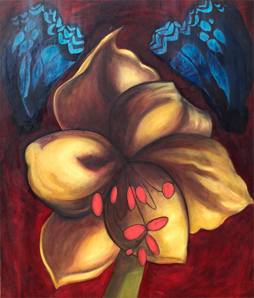 Photograph of a painting of an amarylis and butterfly wings.